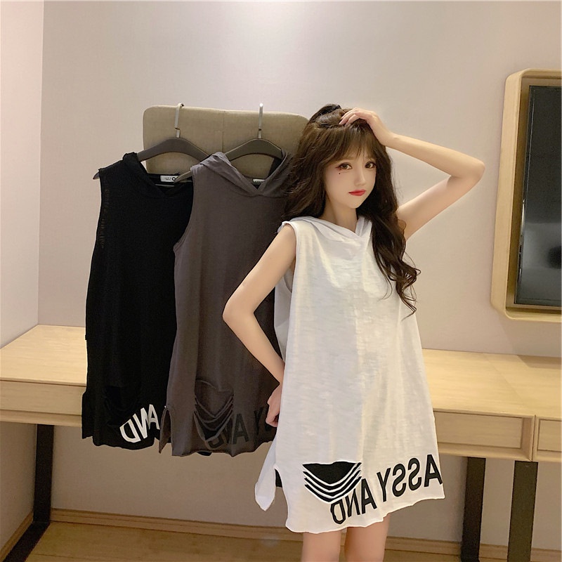 Ready stock new spring and summer sleeveless mid-length T-shirt Korean version mid-length loose loose thin hole T-shirt top trendy women's clothing