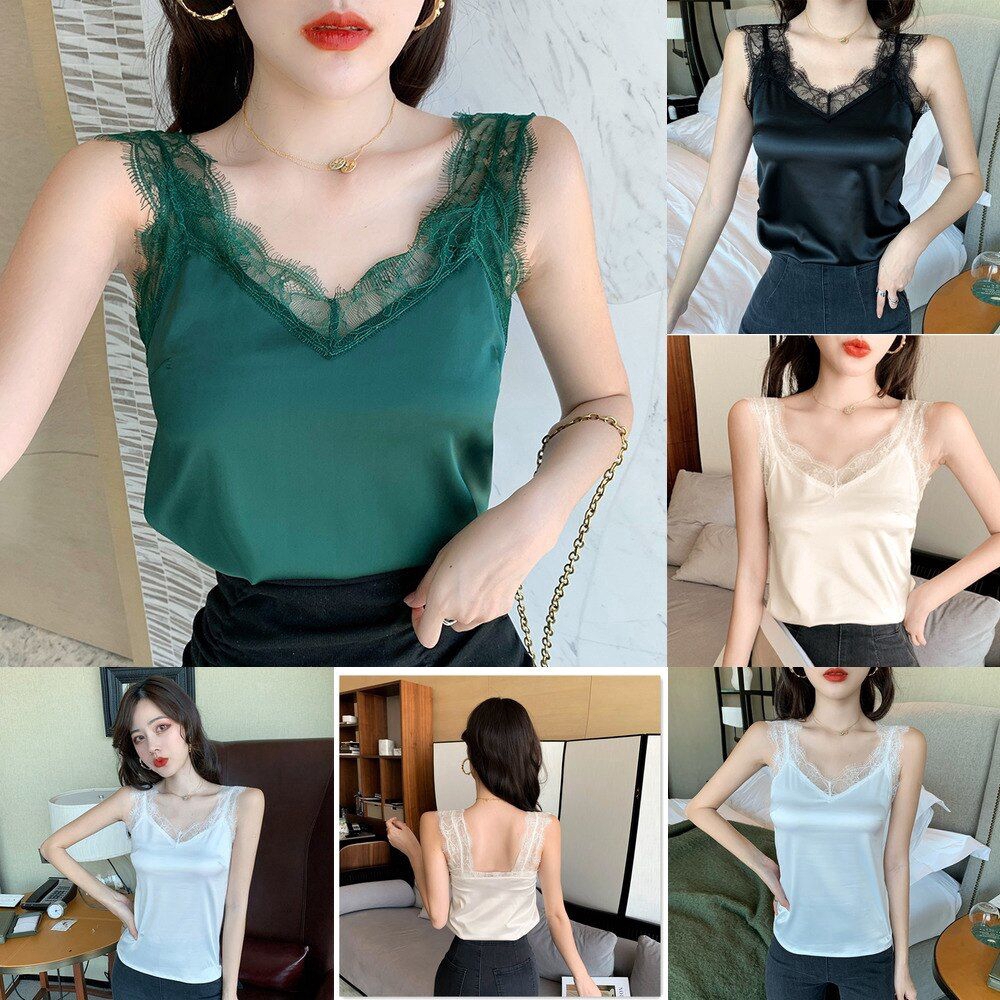 Readystock S 2xl Satin Camis Tanks Women Lace Patchwork Summer Korea