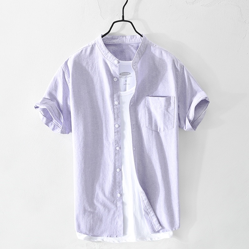 Men's Mandarin Collar Short Sleeve Cotton Linen Shirt | Shopee Singapore