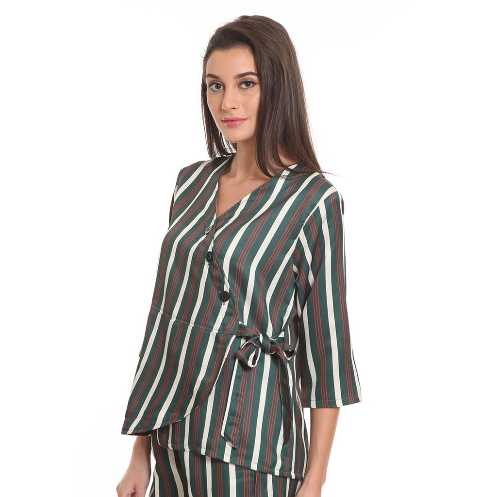 Basix - Bruin Blouse Top Green - Atasan Satin Hijau Stripe - Gambar 3