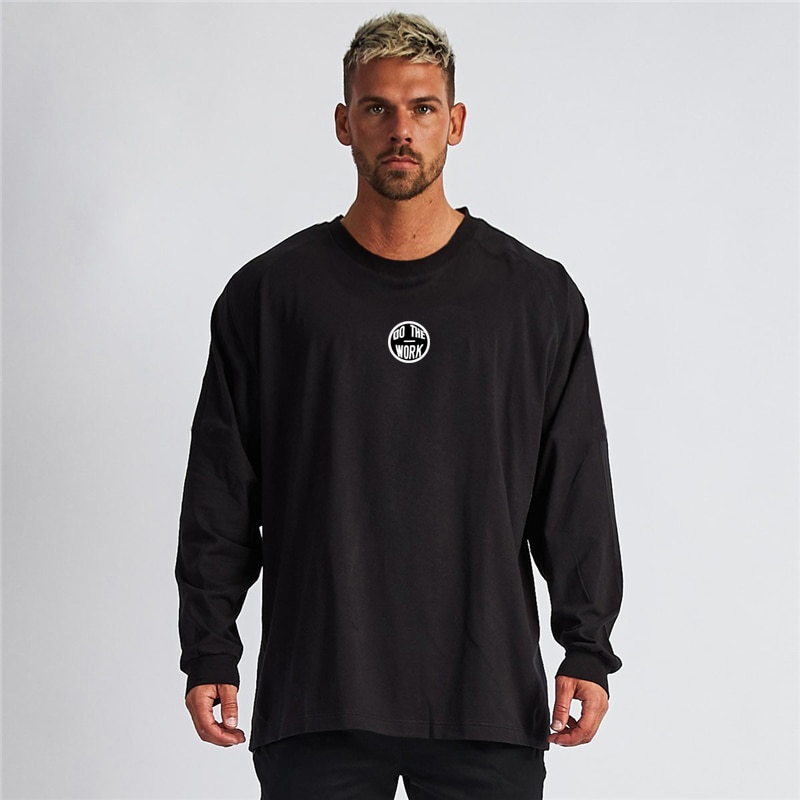 Muscleguys Brand Long Sleeved T-shirt Men's Solid Tee Shirt Gym Clothing Loose Casual Oversized Men T shirt Autumn Fitness Tops