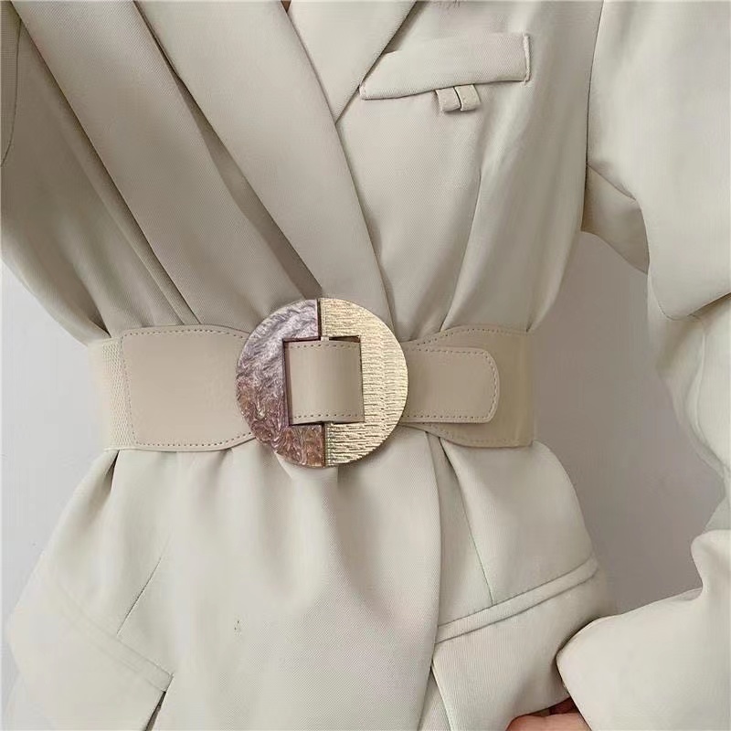 Women Wide Elastic Waistband Acrylic Alloy Round Buckle Belts Fashion