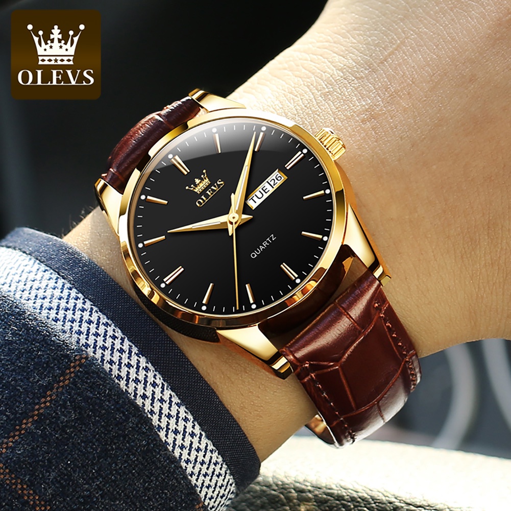 OLEVS Luxury Watch for Men Leather Strap Waterproof Original Quartz Calendar Luminous Men Wrist Watch