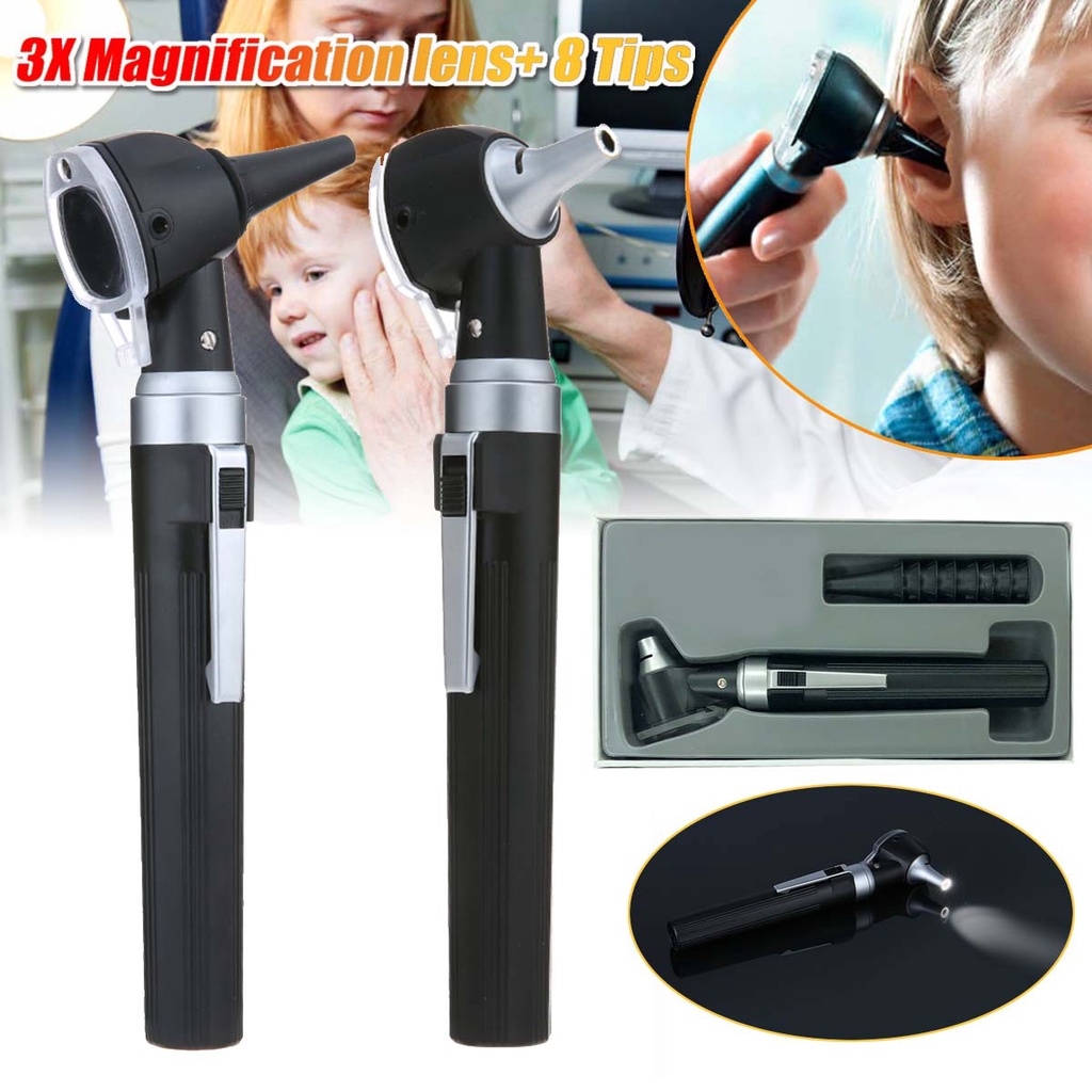 LED Optic LED 3X Diagnostic Otoscope With 8 Tips For Adult Kid Child