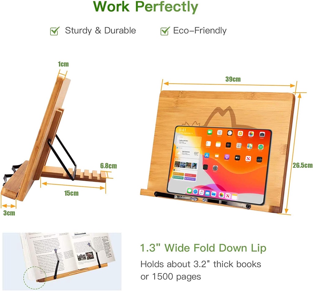 Readbliss Adjustable Bamboo Book Stand - 13.2" X 9.3" Holder For Laptops, Tablets, And Cookbooks