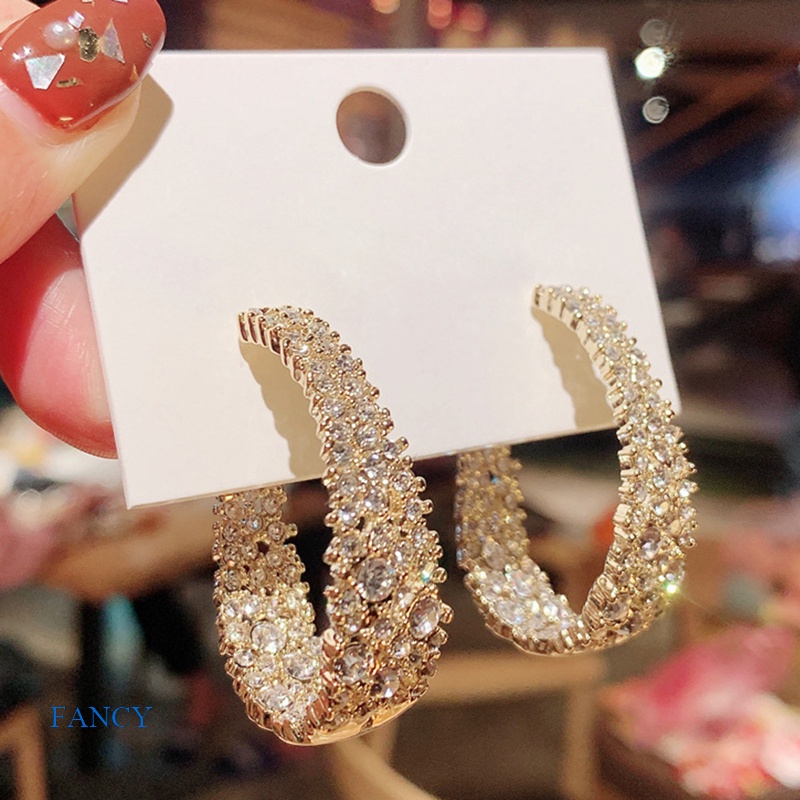 FANCY Women's Diamond Hoop Earrings, Elegant Shinning Luxury Round ...