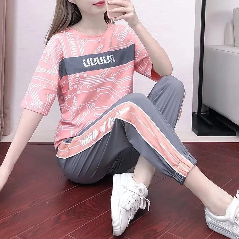 Quick-drying women's loose fashion T-shirt two-piece running suit sports casual suit women 2021速干女装宽松时尚T恤两件套跑步服运动休闲套装女2021年8.22