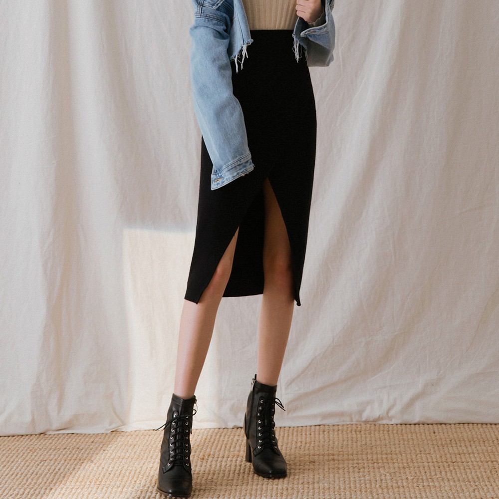 AIR SPACE LADY 2WAY Overlap Slit Knitted Long Skirt (Black) | Shopee ...