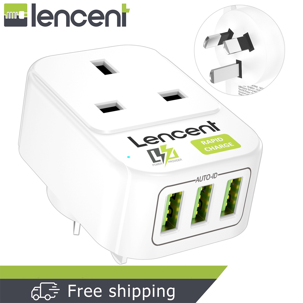 LENCENT UK Plug to Plug Adapter with 3 USB Ports, Grounded Australian