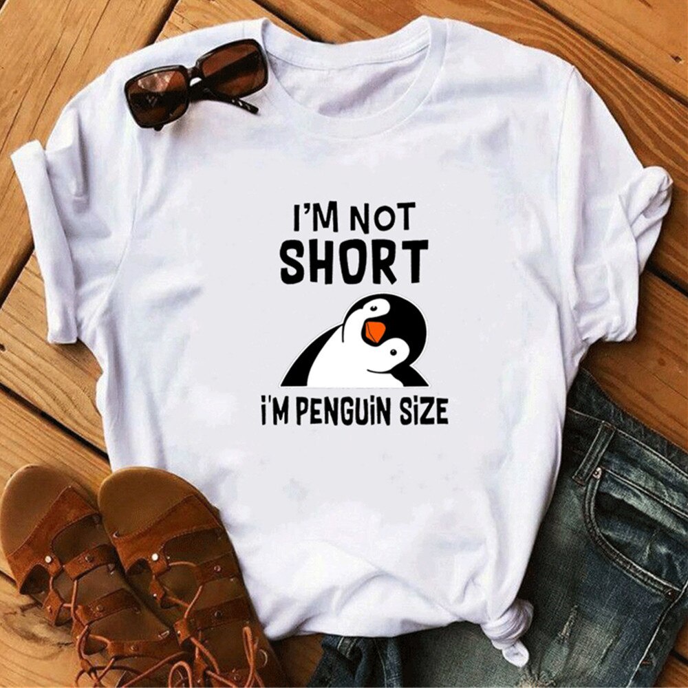 I'm Not Short I'm Penguin Size Print Anime Cotton T Shirts for Women 2021 Cute Penguin Graphic Summer Clothing Tops