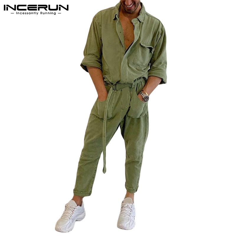 INCERUN Men Leisure Plain Long Sleeve Lapel Collar Tie Belt Long Jumpsuit Shopee Singapore