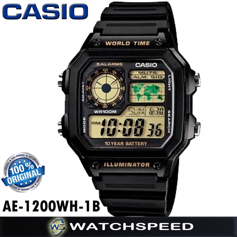 casio watch digital world time illuminator black ae-1200wh-1bvdf