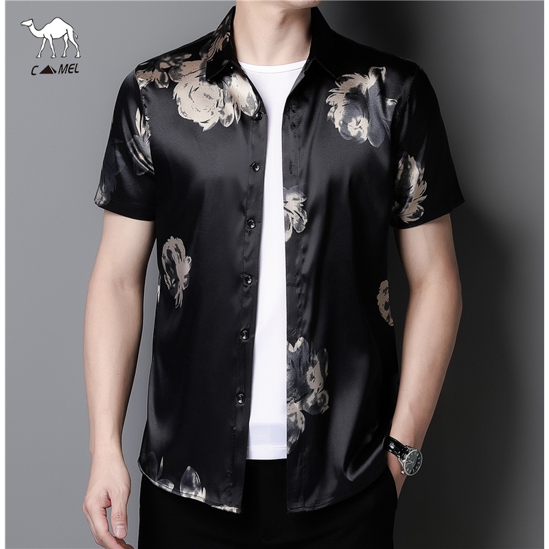 Fast Shipping Shirt Men's Summer Thin Short-sleeved Printing High-end Lapel Ice Silk Middle-aged Dad Business Trend Casual Men's Clothing