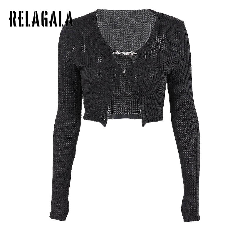 Relagala Womens Sexy V Neck Decorative Slim Pleated Long Sleeve