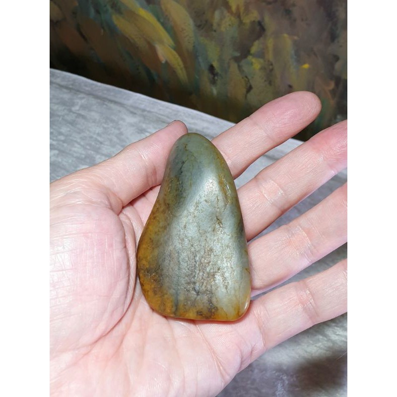 164g raw Pebble Nephrite Qinghua light greenish with yellowish brown ...