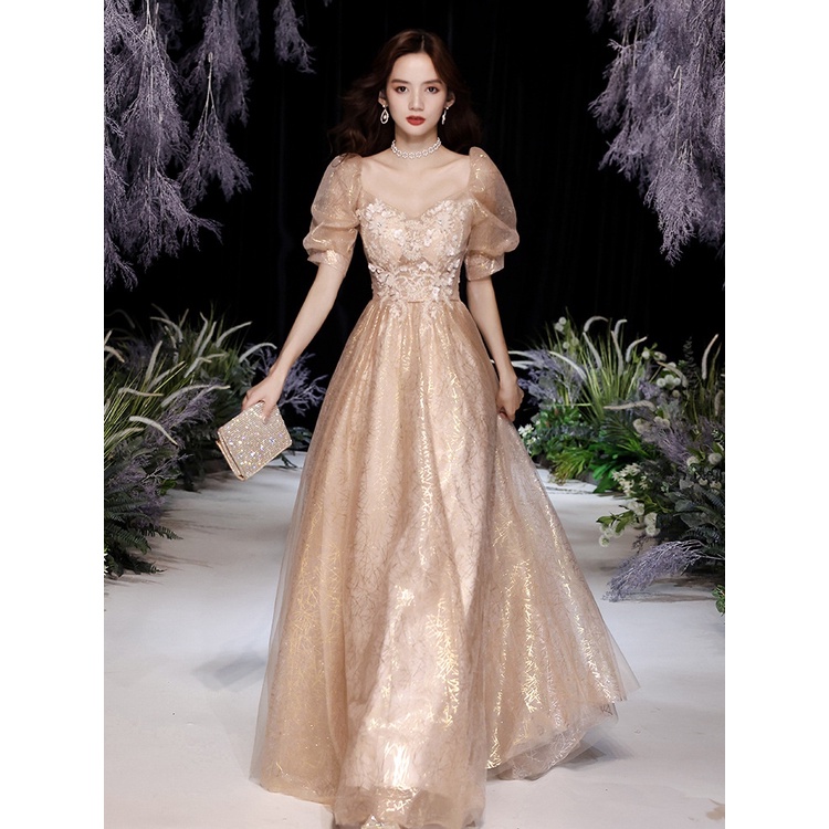Satin Square Neck A-Line Champagne Formal Dresses main image 1