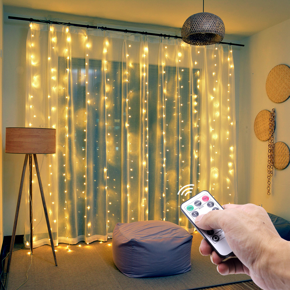 Remote Control LED Window Curtain String Lights/Christmas Wedding New Year 8 Modes Fairy Lights Garland/Home Bedroom Decor Holiday Decorations USB Strip Lighting