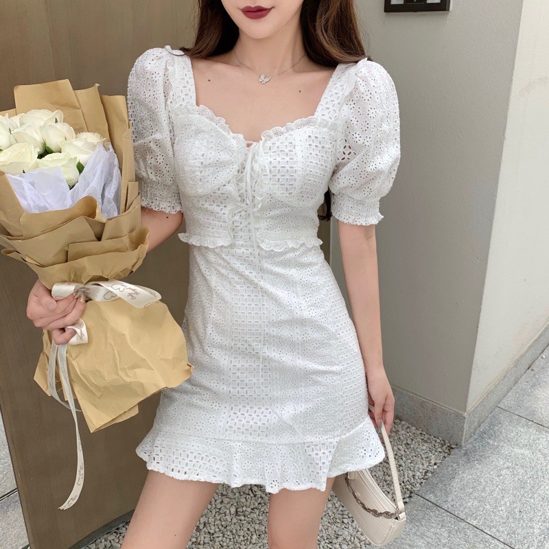 Korean Ulzzang Babydoll White Lace Crochet French Vintage Dress Ribbon