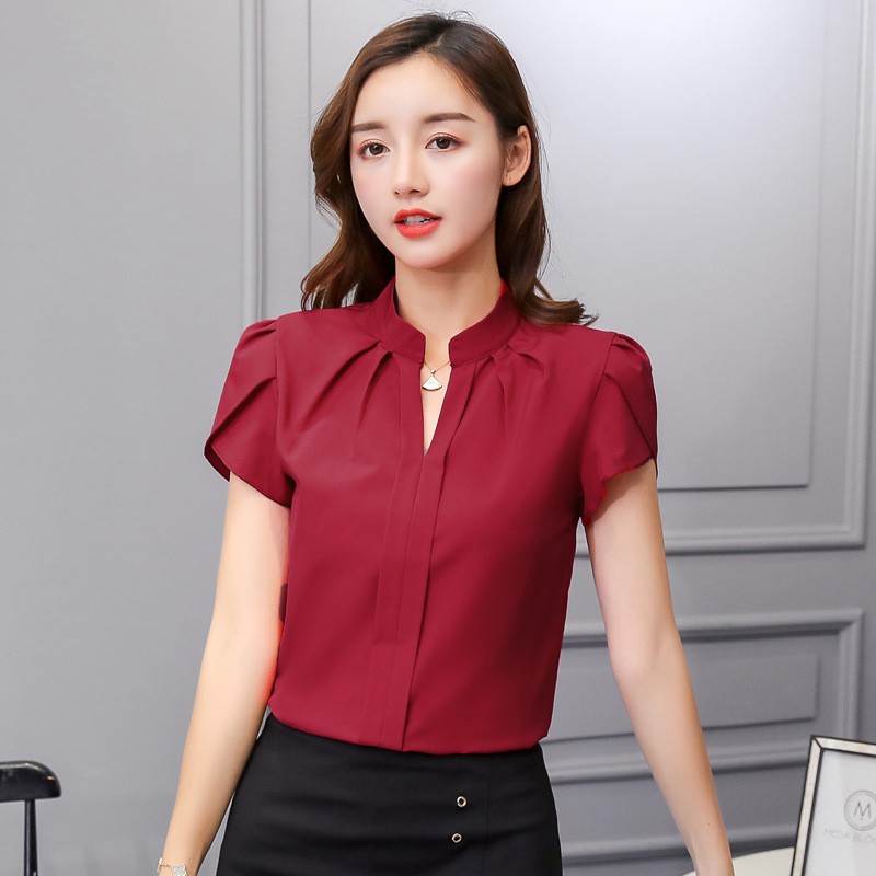 Korean Women's V-neck Solid Ruffled Shirts Short Sleeve Work Wear ...