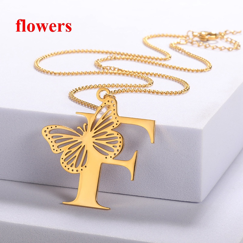 Flowers Stainless Steel A Z Initial Letter Pendant Necklace For Women Gold Silver Color Alphabet Butterfly Necklace Female Jewelry Gift