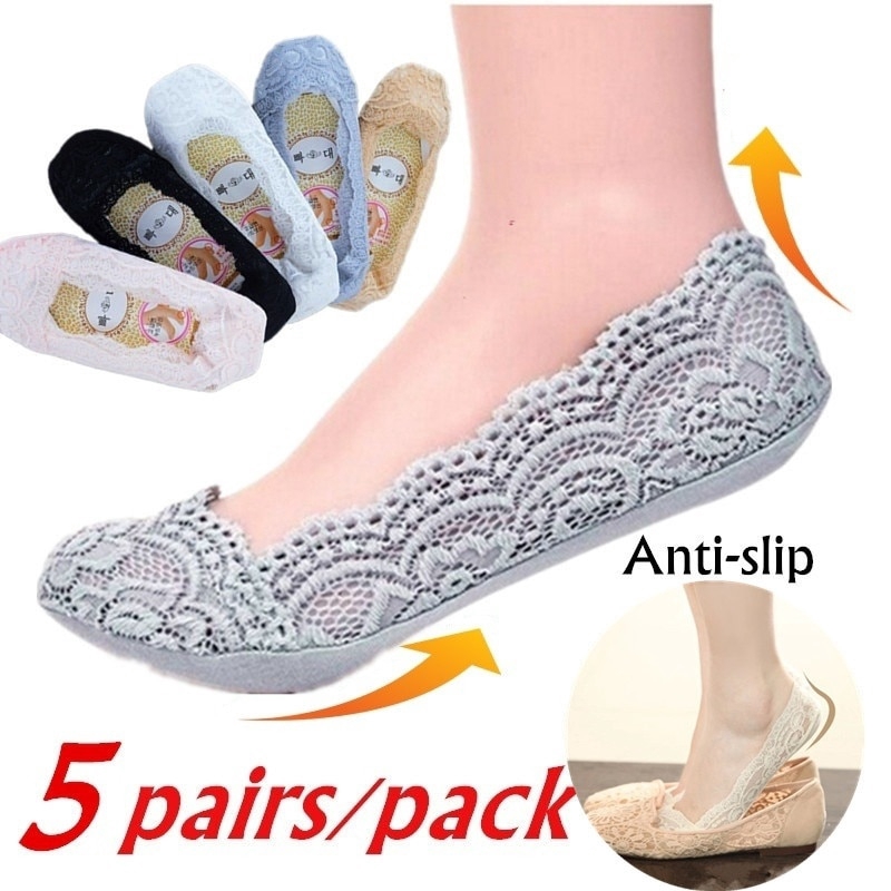5pair Women Cotton Lace Socks Antiskid Invisible Liner Socks boat sock ...