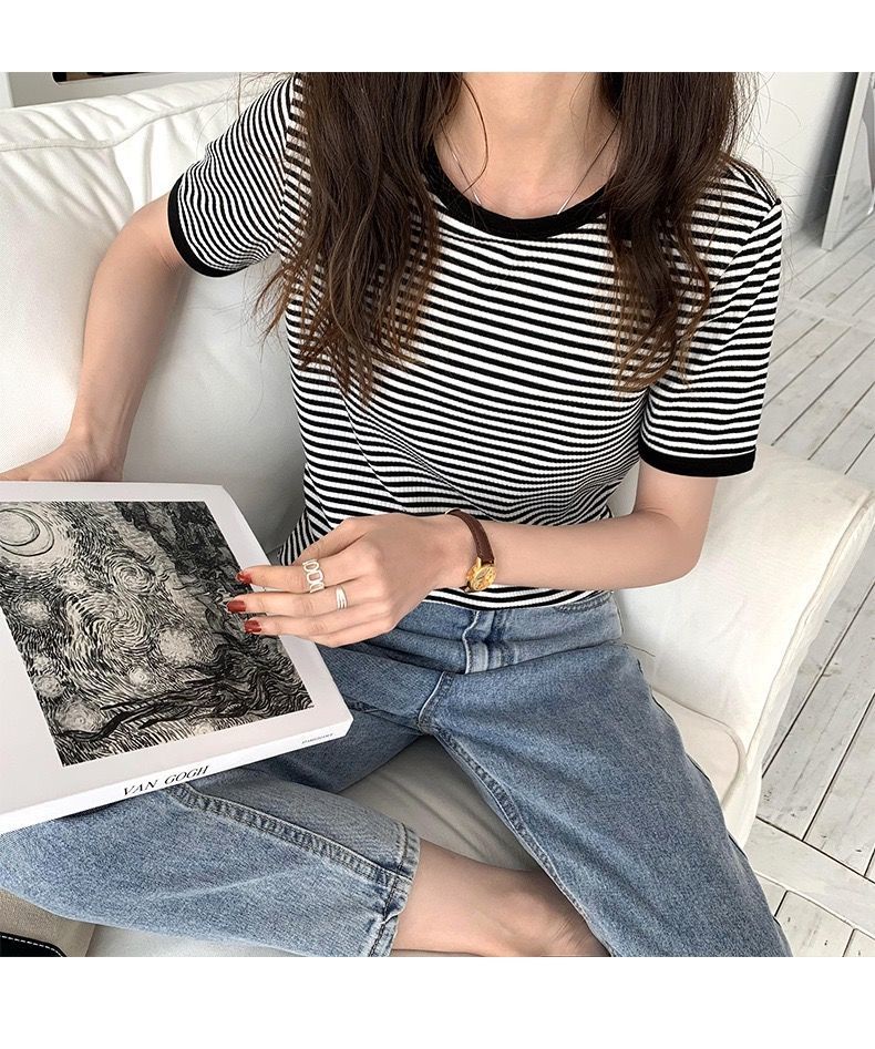 T-shirt Women's Round Neck Striped Tee Lady's Short Sleeve Female T ...