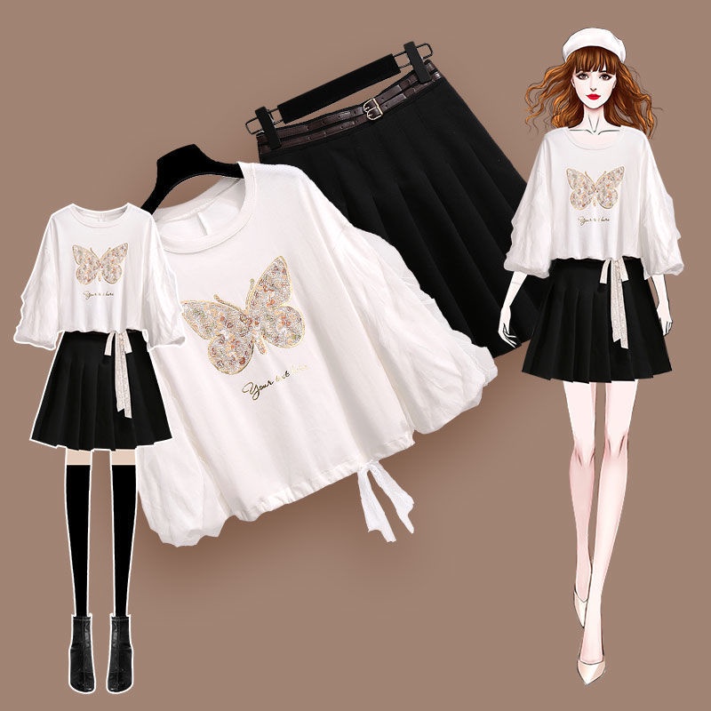 Plus Size Women's Clothing 200 Jin Fat Sister Suit Women Loose Slimmer Look Top Pleated Skirt Two-Piece