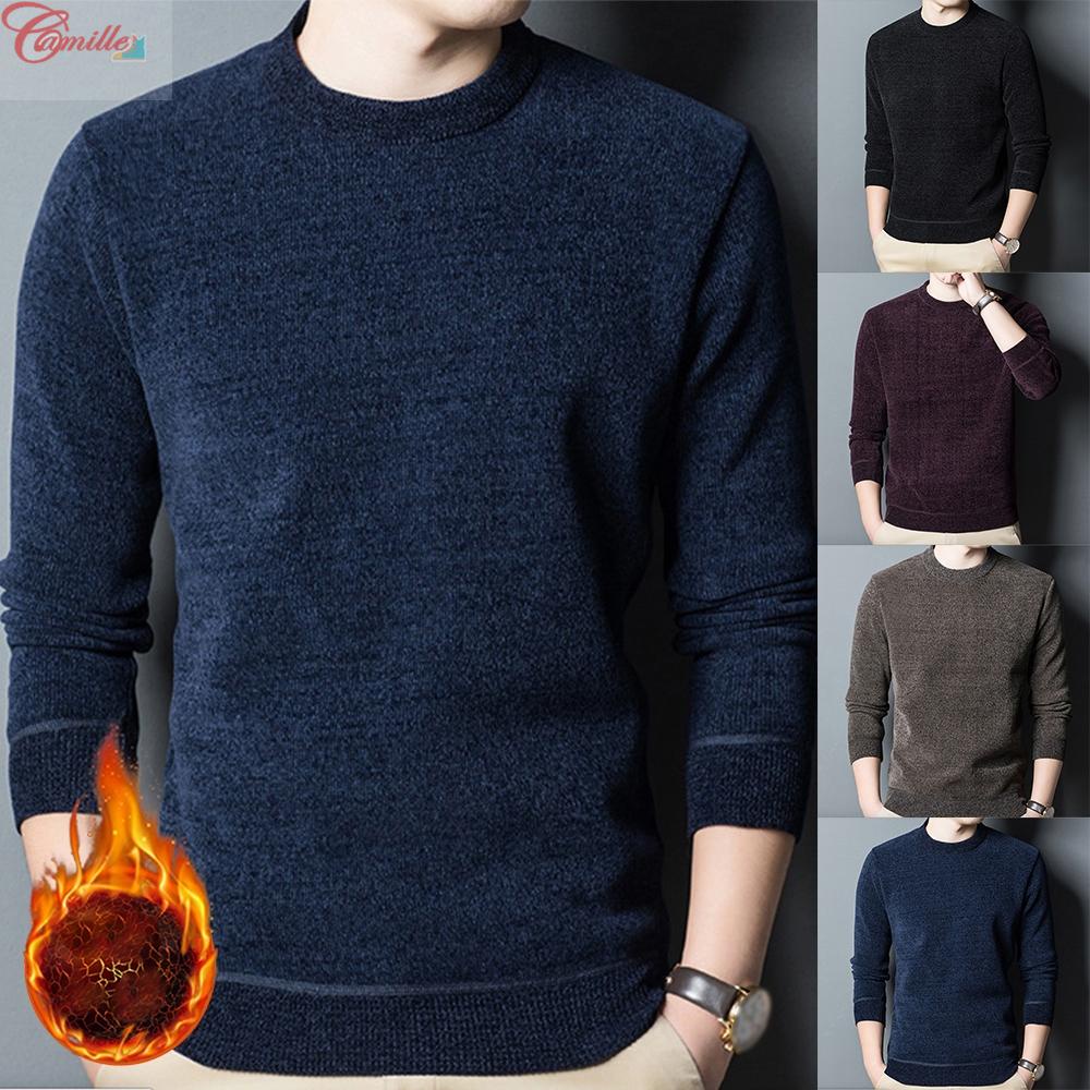Mens Winter Warm Fleece Thick Knit Pullover Long Sleeve Sweater ...