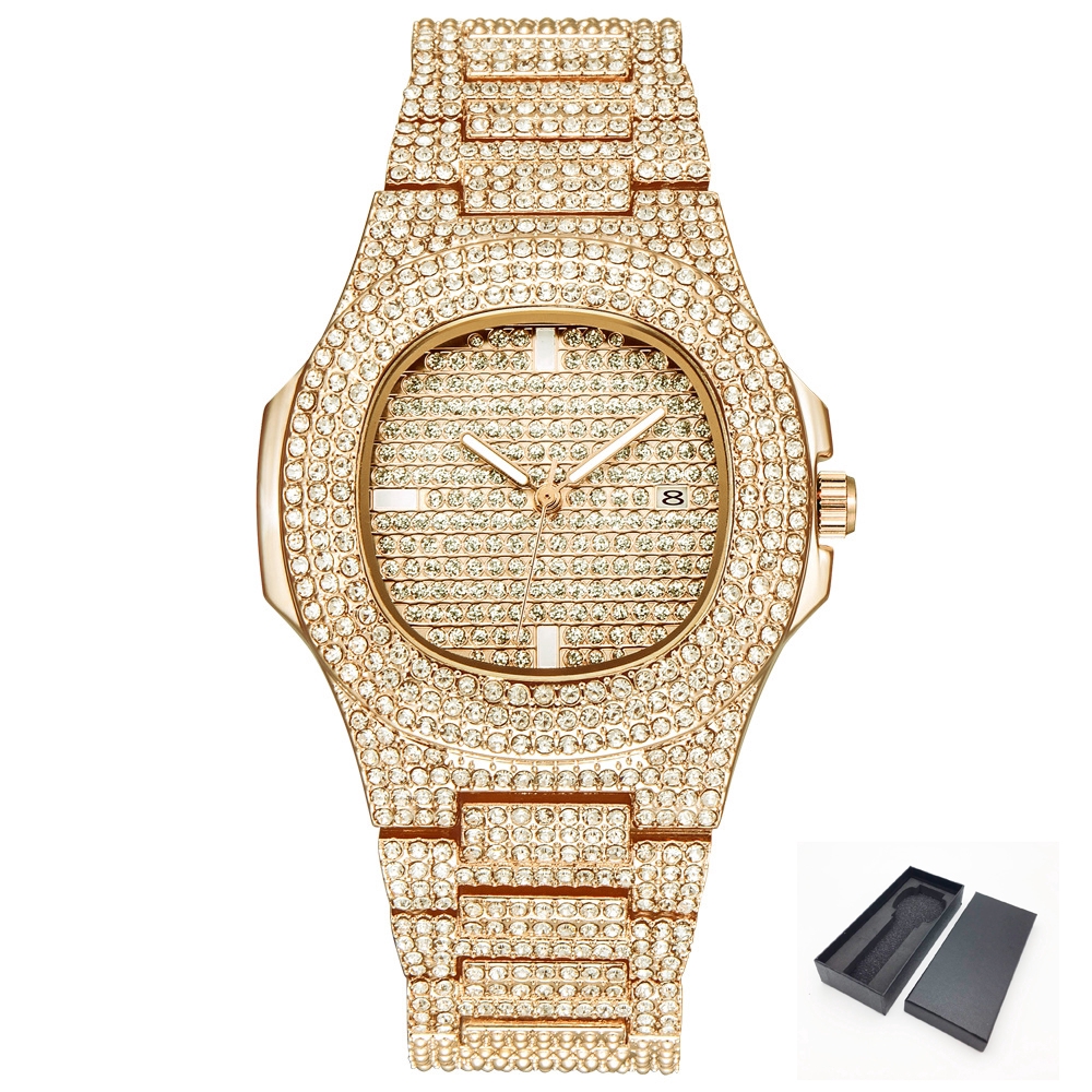 Gold Tone Iced Out Bling Diamond Watch for Men Women Hip Hop Quartz Watches Stainless Steel Band Business Wristwatch