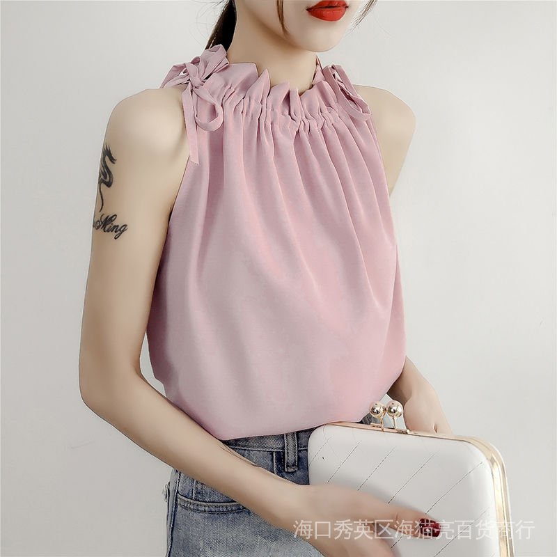 Sleeveless Top Vest Chiffon Camisole New Style Korean Version Drawstring Lace-Up Halter Strapless Outer Wear Women's Clothing