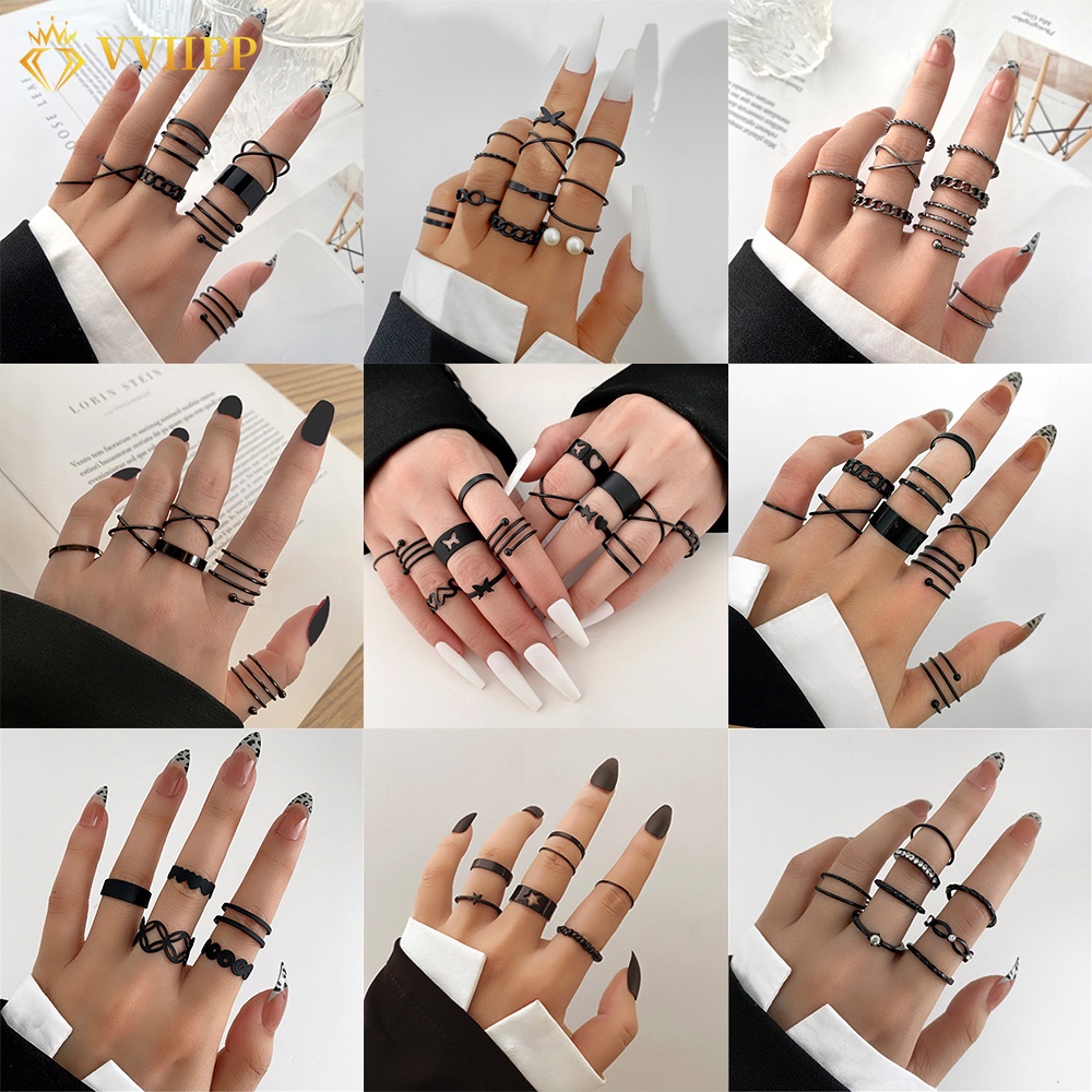 Fashion Black Snake Butterfly Ring Set Pearl Crystal Heart Rings Jewelry Accessories