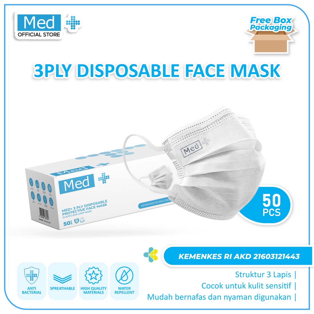 Med+ Masker 3Ply 50 Pcs / Masker 3Ply Kemenkes Disposable Face Mask