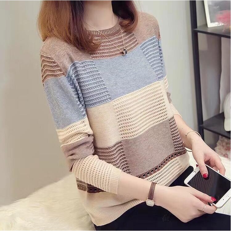 Spring&Autumn Korean Style Women Tops Female Clothing O-neck Casual Thin Hollow Knitted Blouse Striped Loose Long Sleeve T-shirt