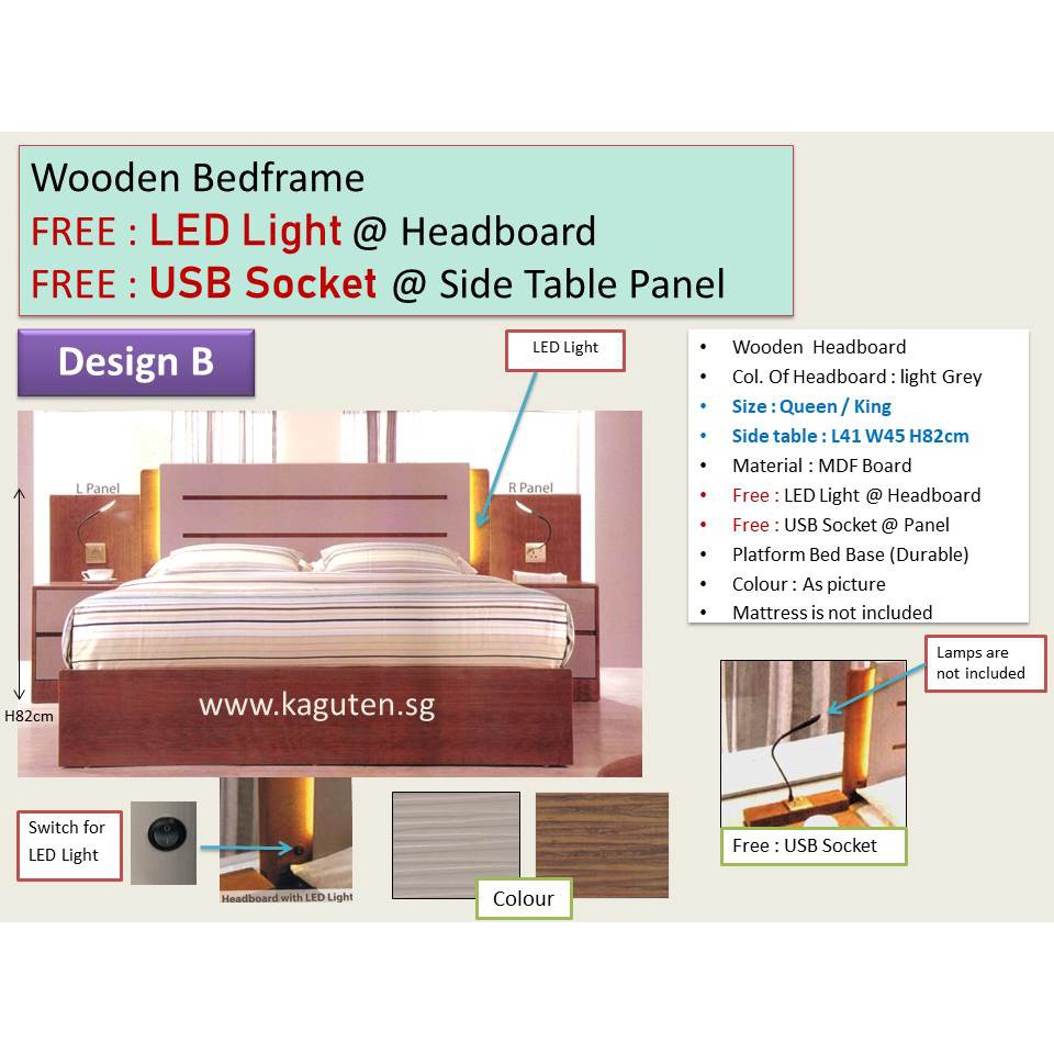 Wooden Queen Bed 5ft with LED Light Bedframe & USB Socket Side Table ...