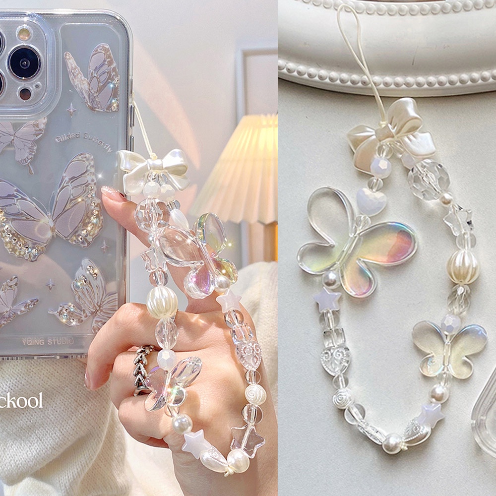 INS Laser Butterfly Mobile Phone Chain Anti-Lost Soft Pottery Rope Strap Lanyard Pearl Acrylic Bead Colorful Cell Phone Case Hanging Cord