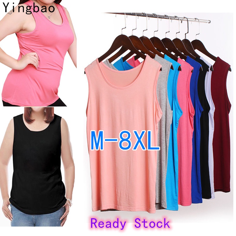 Big Size Singlet Women Cotton Stretch Plain Color Tank Round Neck Casual Sleep Home Wear Ladies Girl Top Plus Size