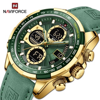 NAVIFORCE Men Watch Luxury Gold Green Original Genuine Leather 30m Waterproof Dual Display Wristwatch