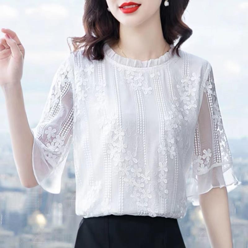 Ready Stock Chiffon Shirt Ladies Summer Clothing 2022 New Style White Thin Fashion Short-Sleeved Top Beautiful Western Small