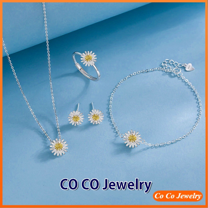 Fashion Daisy Flower Silver Necklace Ring Bracelet Women Jewelry Set Accessories Gifts