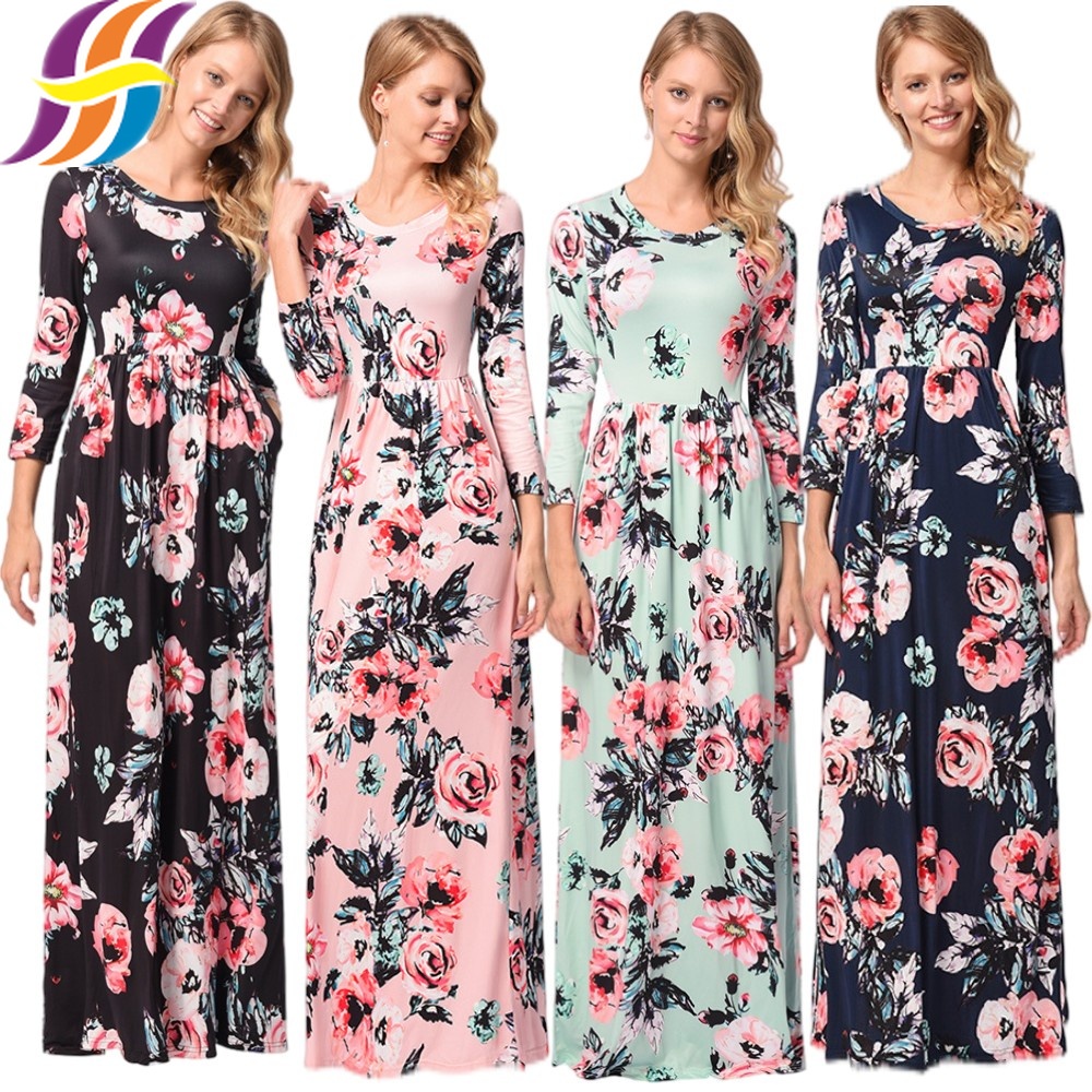 Kaftan Dresses For Women Floral Print Long Robe Ramadan Abaya Maxi-344444