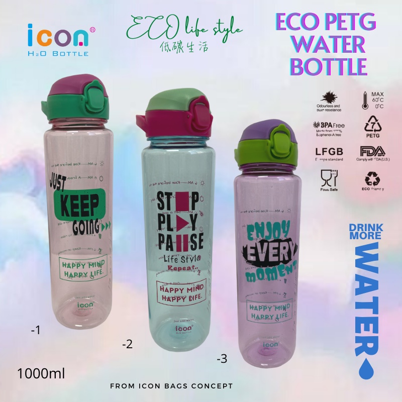 Icon Water Bottle 1000ml Bpa Free Push-button Flip Top Lid Easy One 