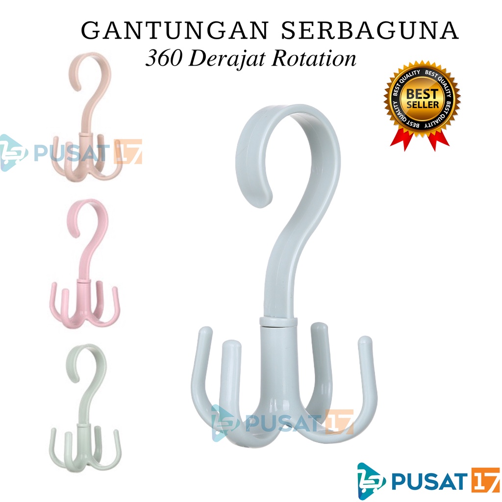 PUSAT17 GANTUNGAN 4 KAIT SERBAGUNA / GANTUNGAN PUTAR 360 DERAJAT / HANGER LEMARI PAKAIAN SEPATU TAS HOOK 4 KAIT GANTUNGAN HOOK