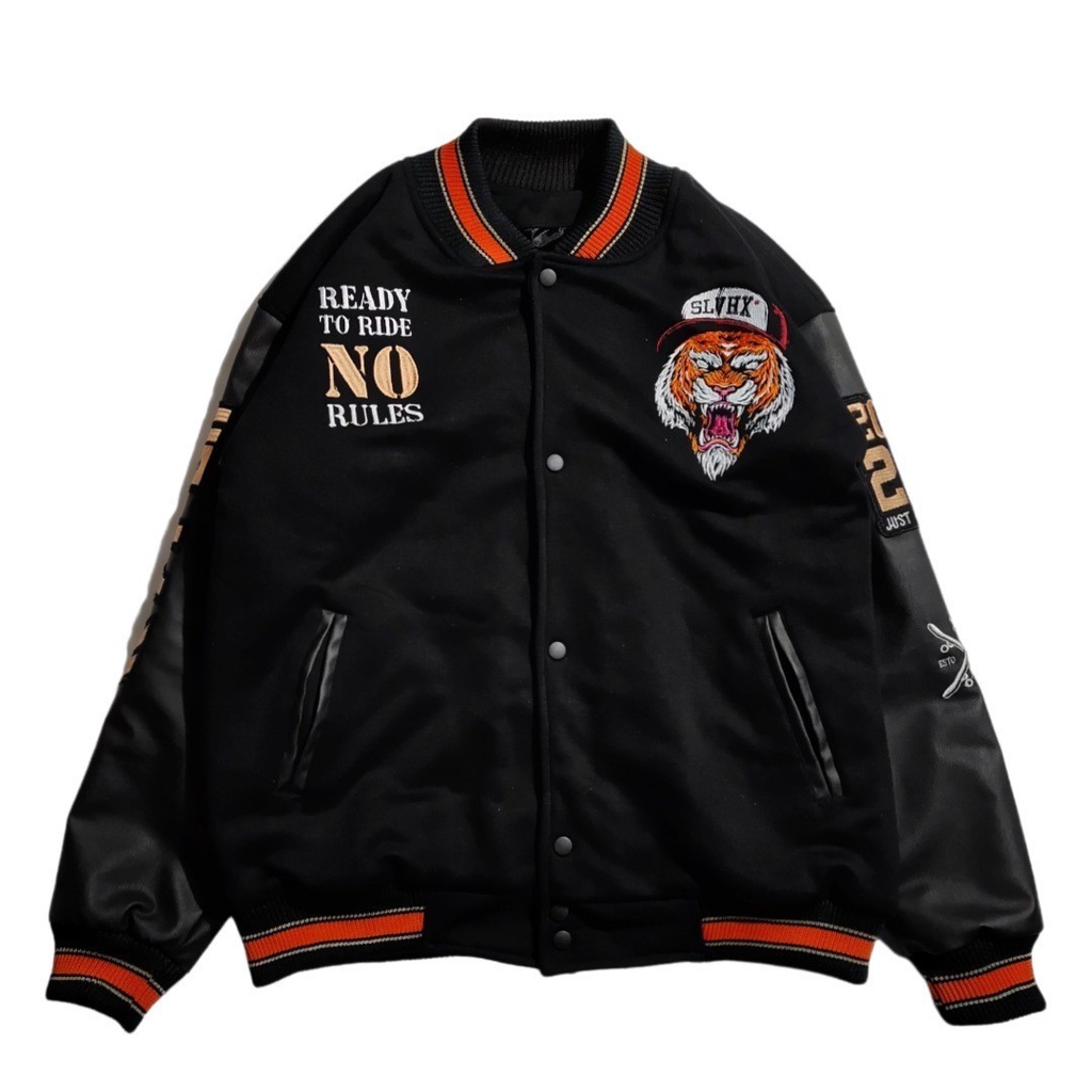 Varsity Vintage Fleece Cotton Jacket Full Embroidery Black Tiger Jacket 