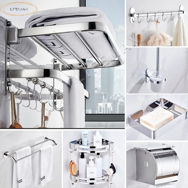 [SG Seller]Bathroom six-piece toilet rack space aluminum bathroom towel ...