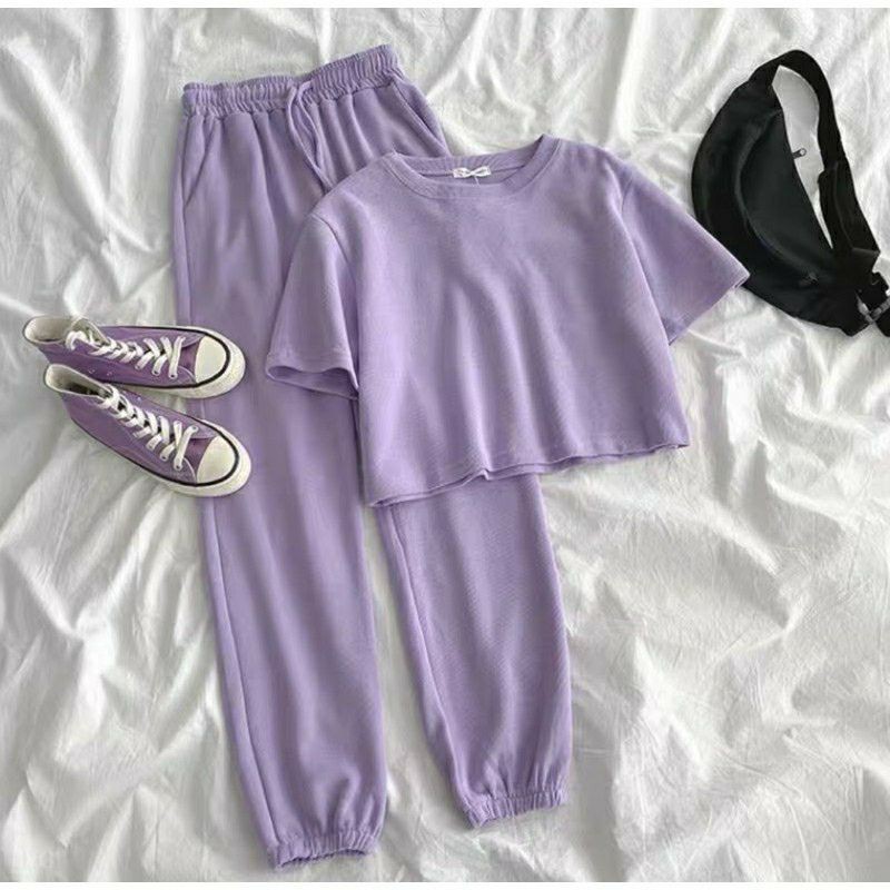 Daily CROP TOP ONE SET Plain T-Shirt/Women's ONE SET Suit/Women's Clothing/Tops And Pants
