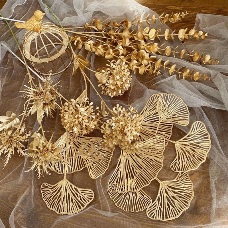 Artificial Flower Eucalyptus Golden Ginkgo Leaf Gold Artificial Plant Red Fruit Floral Home Decor Fake Plant