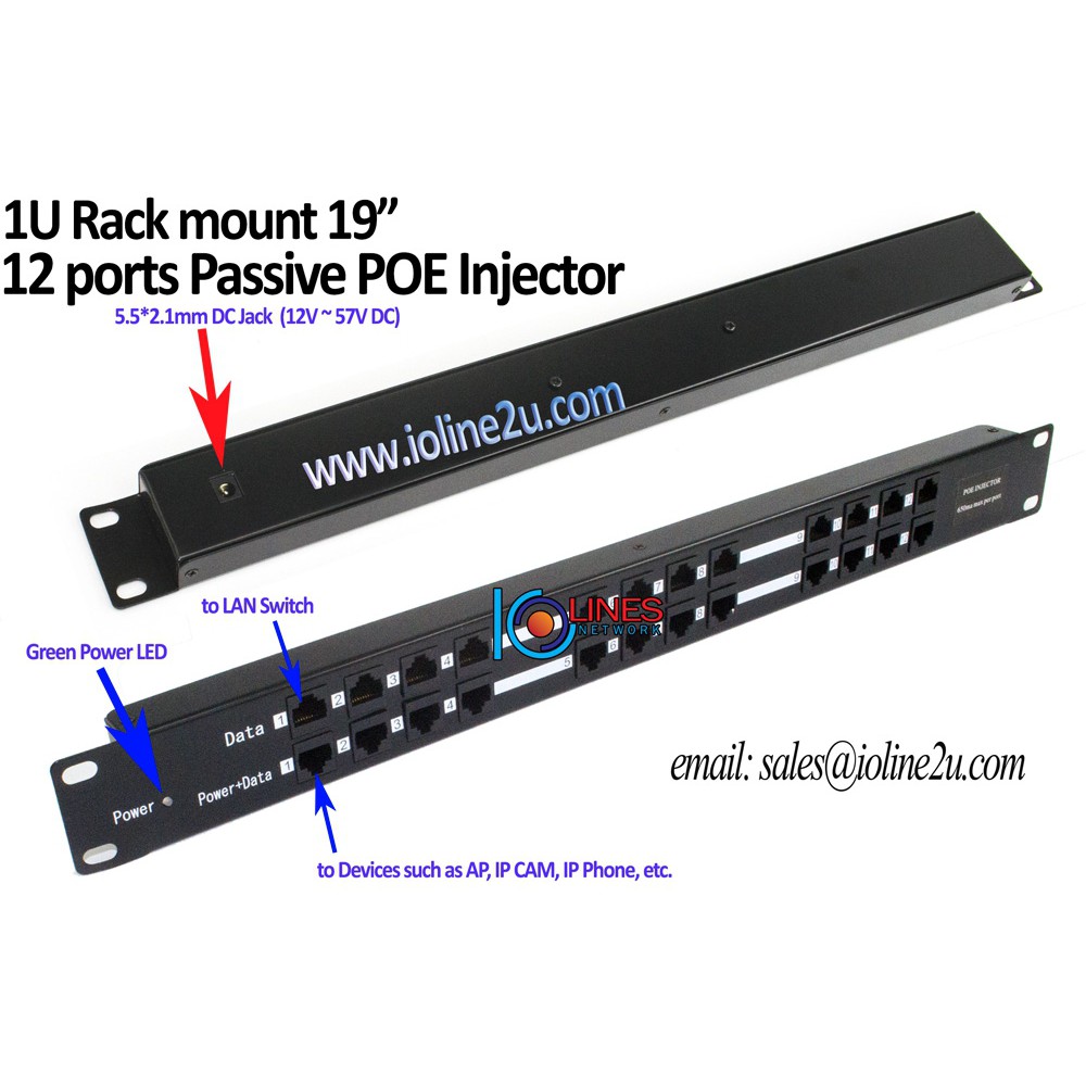 12 Port 12V 24V 48V 1U Rack mount Passive POE Injector IP CAM WIFI AP ...