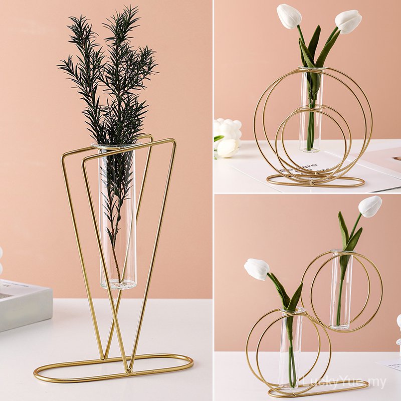 【Ready Stock】Nordic Glass Vase Iron Line Art Table Vase Decor Home Test Tube Vase for Flowers Plants Home Decoration
