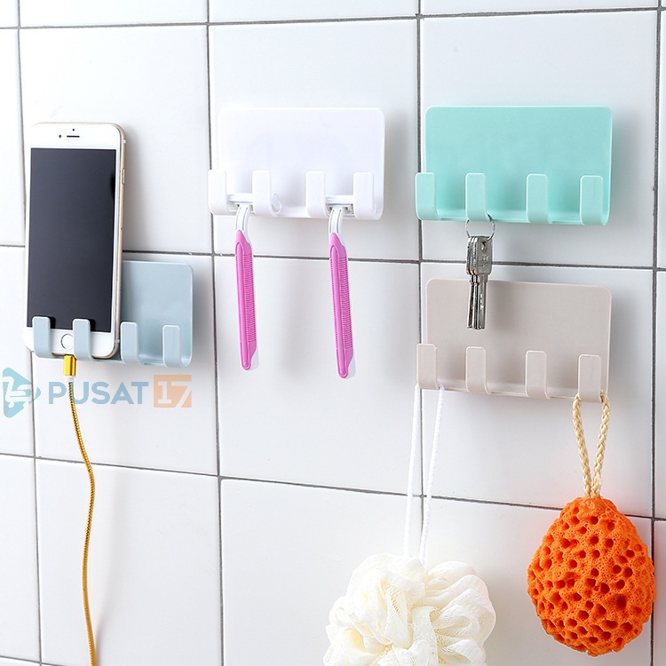 PUSAT17 GANTUNGAN TEMPEL DINDING 4 KAIT / GANTUNGAN BAJU / GANTUNGAN KAMAR MANDI DAPUR/ RAK CHARGER HP TEMPEL HOOK AJAIB / GANTUNGAN COLOKAN - Gambar 2