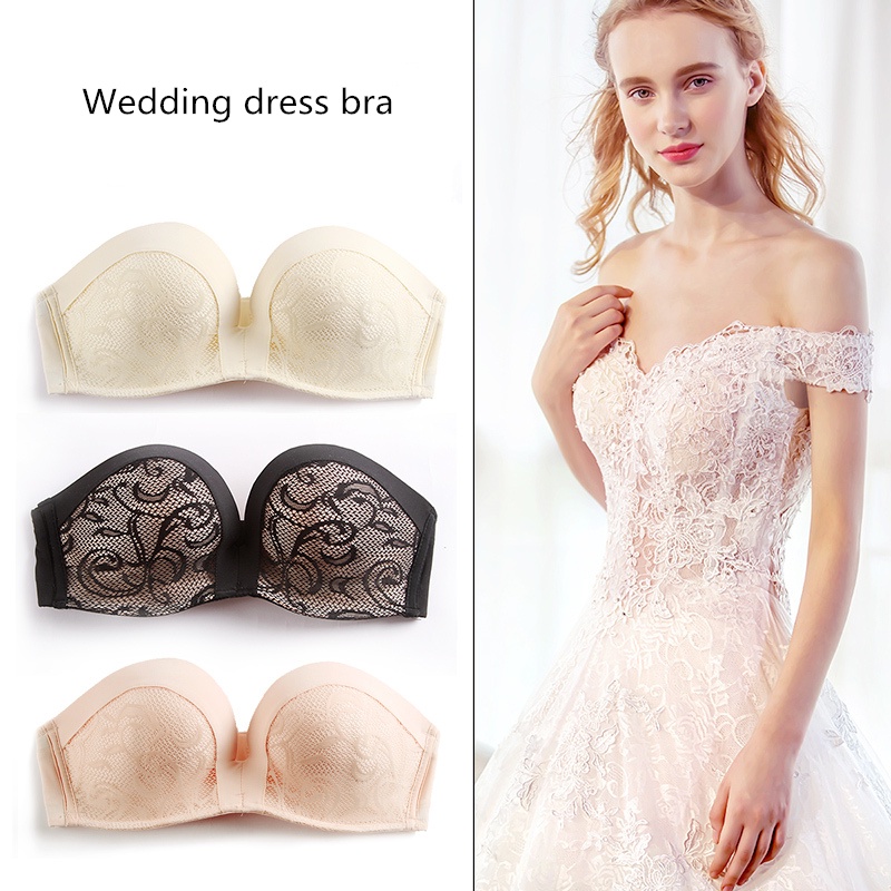 【Ready Stock】Strapless Women Bra 1/2 Cup Wedding dress Backless Lingerie  Sexy Lace Non-slip Wire Free Invisible Female Brassiere Bralette